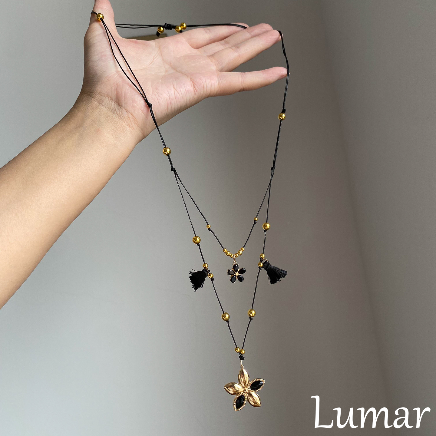 S925银美拉德黑金花朵串珠项链女