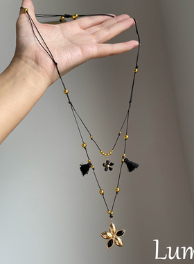 S925银美拉德黑金花朵串珠项链女