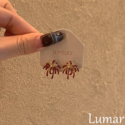 S925银针新年红色珐琅烟花耳钉女