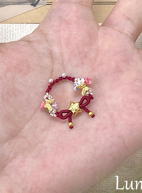 S925纯银新中式蝴蝶结花朵珍珠红绳戒指女小众设计手工编织食指戒