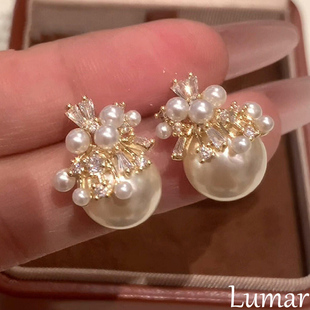 S925纯银法式 满钻珍珠耳钉女轻奢高级感巨好看独特漂亮千金感耳饰