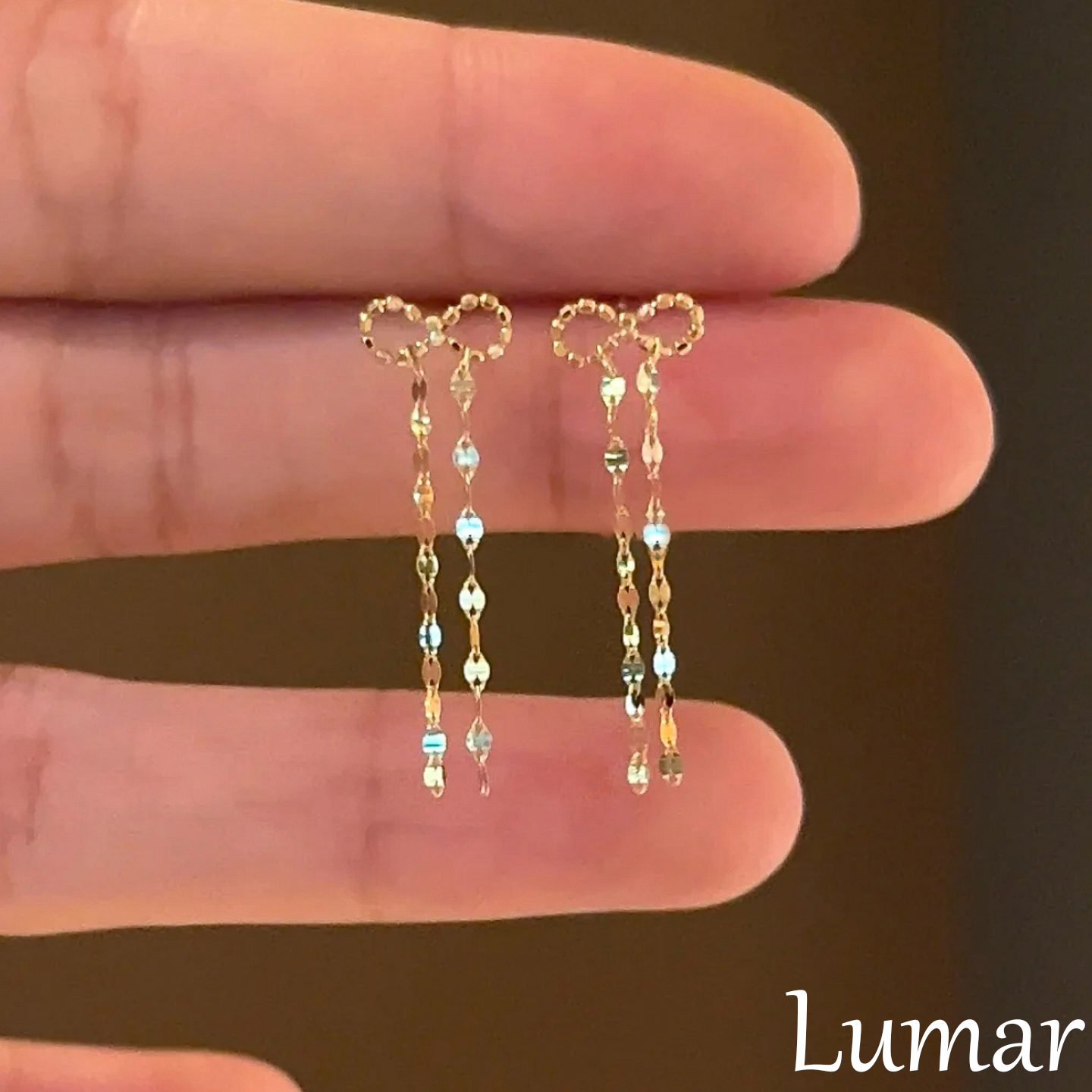 S925纯银金色链条蝴蝶结流苏耳线