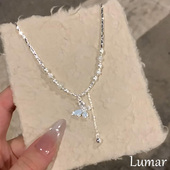 S925纯银碎银子蓝色蝴蝶珍珠项链女款 高级感轻奢小众清冷感锁骨链