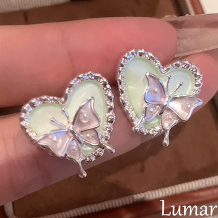 S925纯银小清新绿色滴釉爱心耳钉女轻奢高级感甜美少女风蝴蝶耳饰