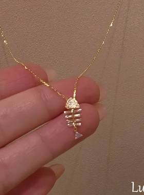 S925纯银满钻金色鱼骨项链2026女