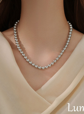 S925纯银施家真多麻灰珍珠项链女