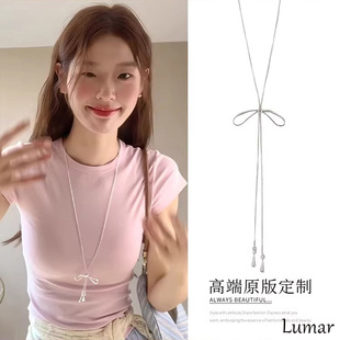 S925纯银抽拉式长款蝴蝶结项链女款2026新款高级感ins简约毛衣链