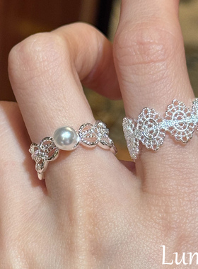 S925纯银满钻花纹珍珠戒指女新款