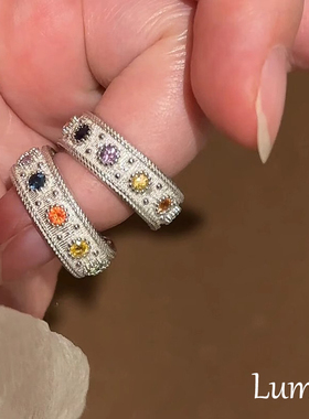 S925纯银中古拉丝彩色锆石情侣戒指女轻奢高级感小众设计开口指环