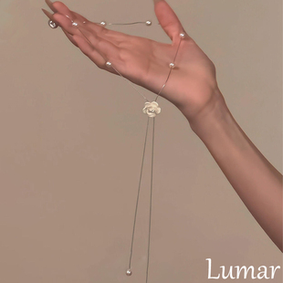 S925银法式山茶花珍珠长款流苏项链女款轻奢小众高级感秋冬毛衣链