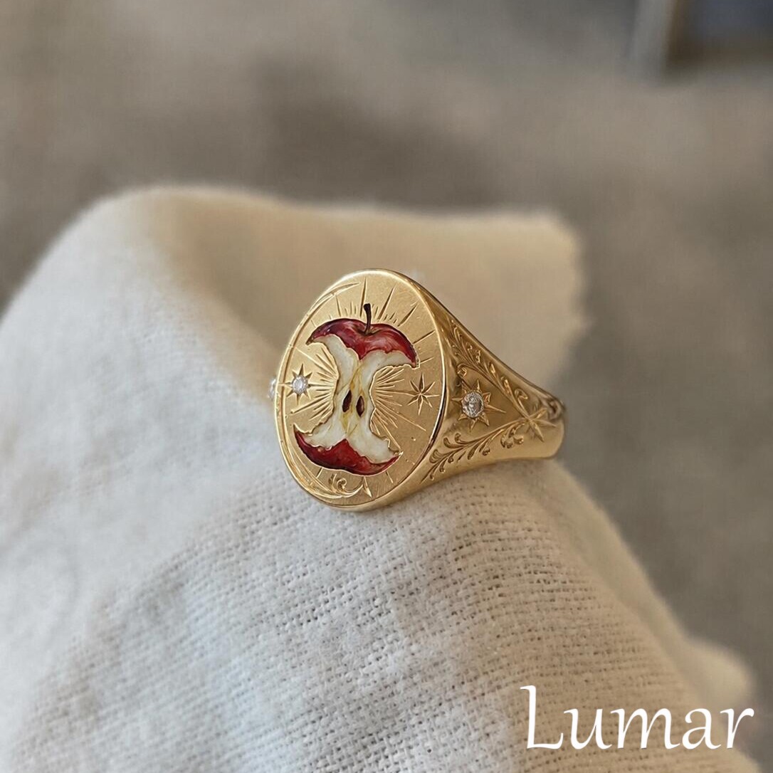 咬一口苹果金色星芒闪钻戒指女小众设计精致独特复古宫廷风食指戒