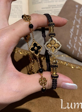 复古爆闪黑金四叶花轻奢手链女款