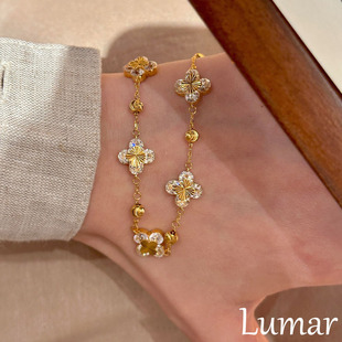 S925纯银金色碎冰冰镭射四叶花手链女轻奢小众精致高级感气质手环