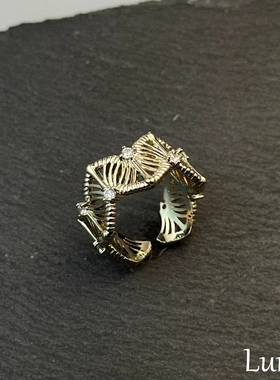 S925纯银中古做旧镂空扇面戒指女