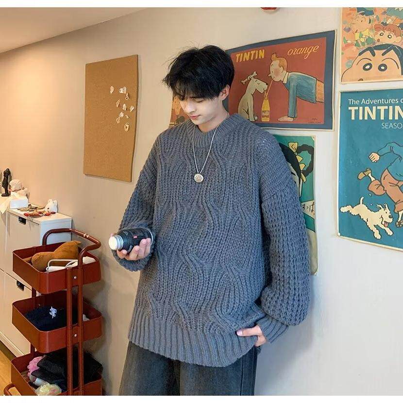 春秋粗线毛衣男女保暖宽松大码潮复古日系慵懒圆领打底内搭针织衫