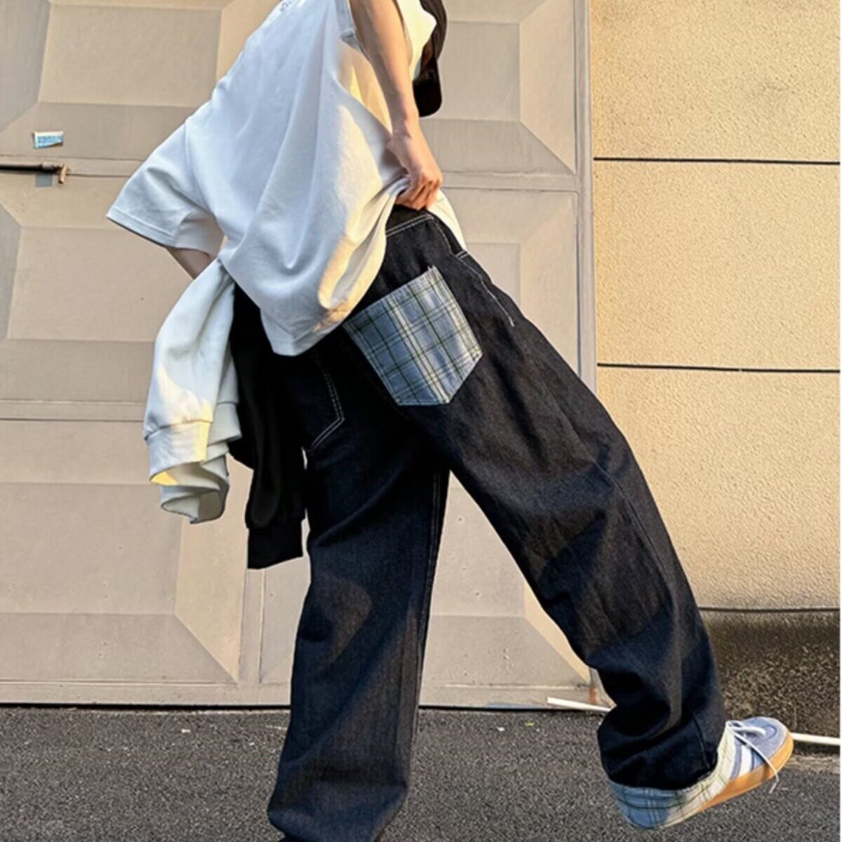 INFORMER原创高质量格子拼接卷边男女牛仔裤直筒阔腿长裤宽松复古