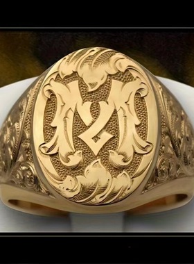 跨境热销饰品金色字母M雕花印章男戒欧美风图章男士指环