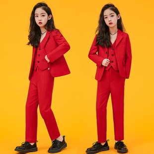 儿童西装新款男女童红色西服套装时尚花童礼服主持演出服三件套装