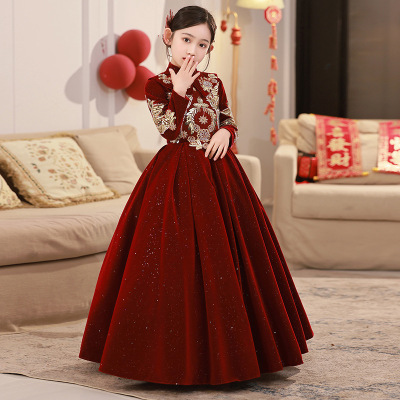 红色花童女童婚礼高端公主礼服