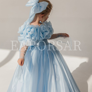 2025新款女童蓝色花朵公主裙女童中大童主持人蓬蓬裙儿童演出服装