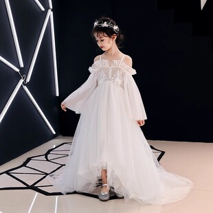 2025女童一字肩长袖花童礼服仙子儿童拖尾婚纱蓬蓬裙走秀表演公主