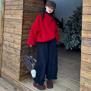 女童加绒卫衣韩版秋冬洋气红色圣诞新年羊毛呢子套头衫上衣阔腿裤