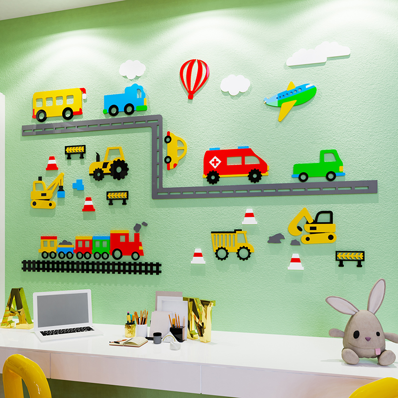 卡通小汽车3d立体墙贴画男孩卧室儿童房间墙面装饰幼儿园环创布置