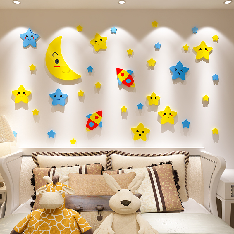 3d立体墙贴纸男孩女孩儿童房间布置月亮星空卧室床头背景墙装饰品图片