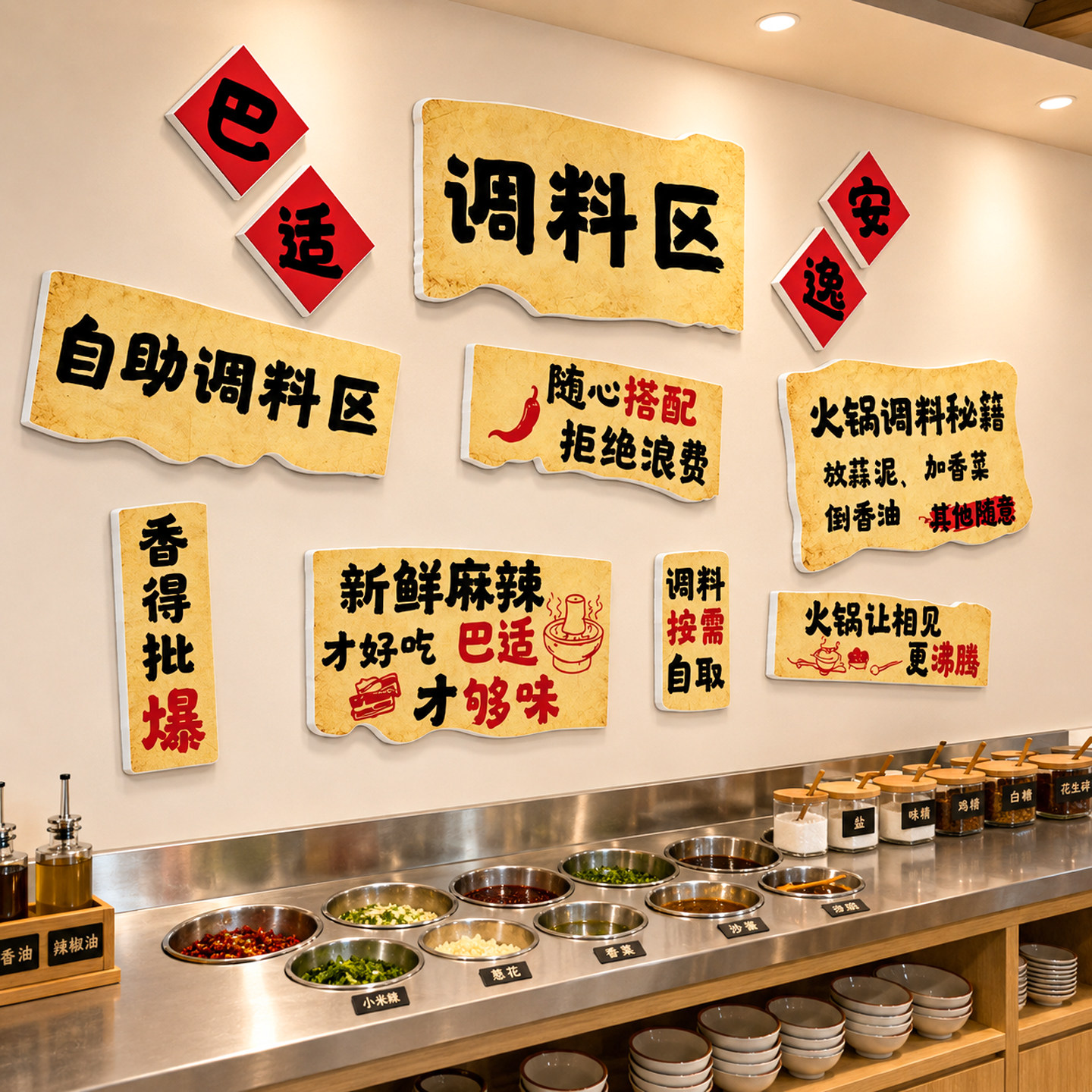 自助调料区指示牌墙面装饰创意火锅串串麻辣烫烧烤餐饮店氛围布置