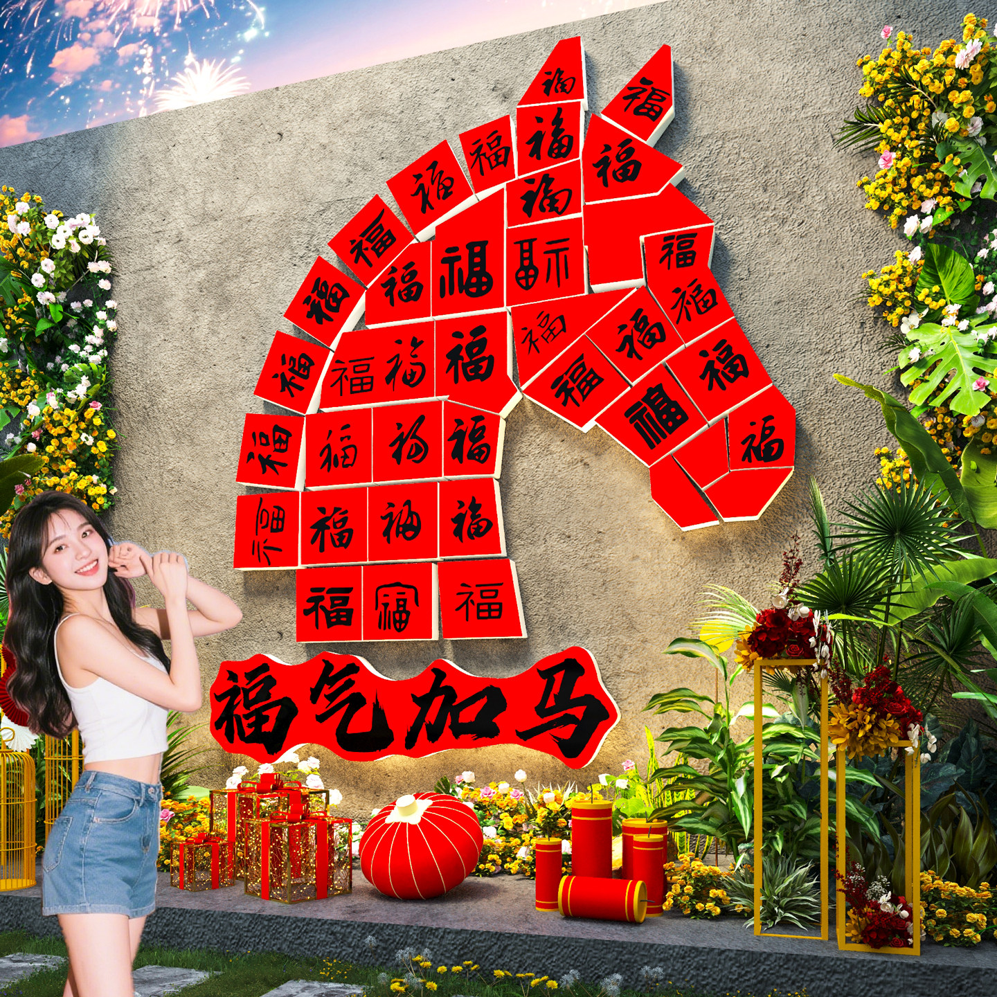 2026新年春节户外小院装饰网红打卡拍照区造场景氛围布置福气加马,家居饰品,文化墙贴,淘宝优惠券,粉丝福利购,淘宝优惠卷