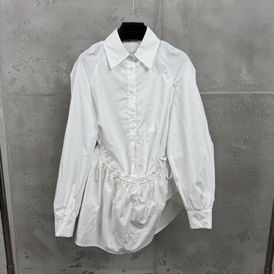 春季新款设计感抽绳收腰白衬衫女法式小众不规则裙摆中长款衬衣潮