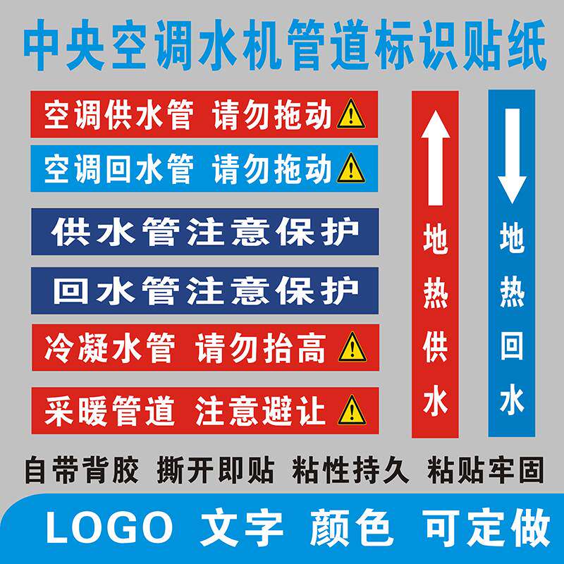 空调供回水标识空气能安装出进冷凝排水管道不干胶标签贴纸通用款