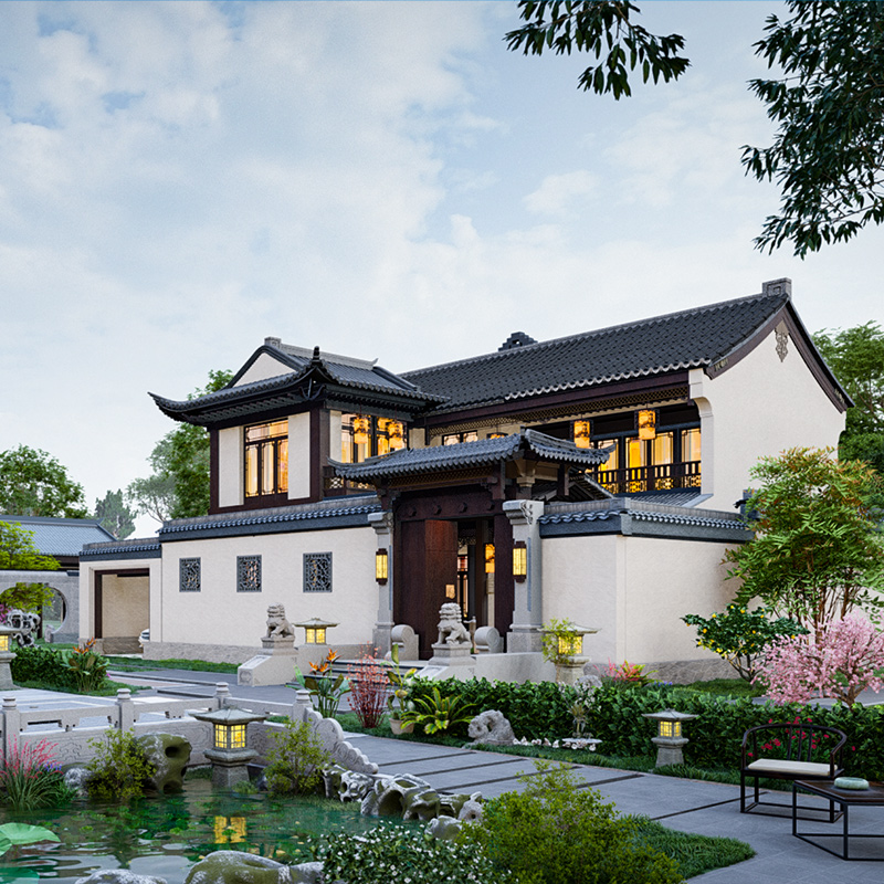 2225二层新中式四合院带院子车库别墅设计图纸中国风自建房屋农村