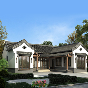 农村一层三合院自建房别墅设计图纸单层中式带院子乡村合院风129