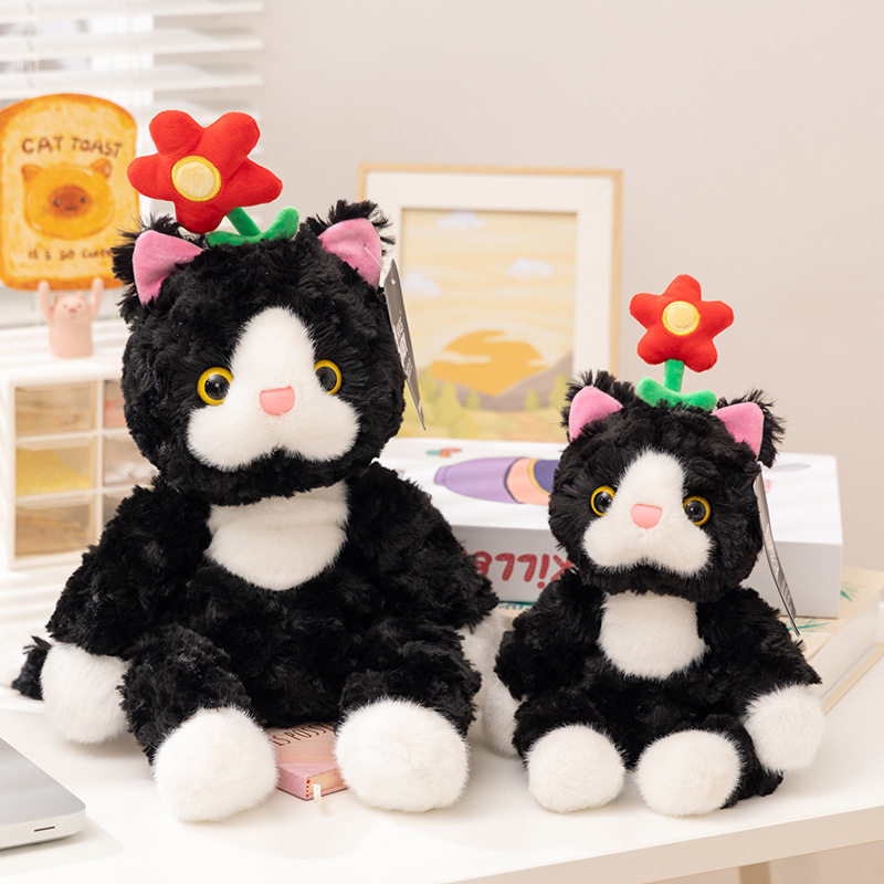 可爱黑猫毛绒花朵小猫咪公仔