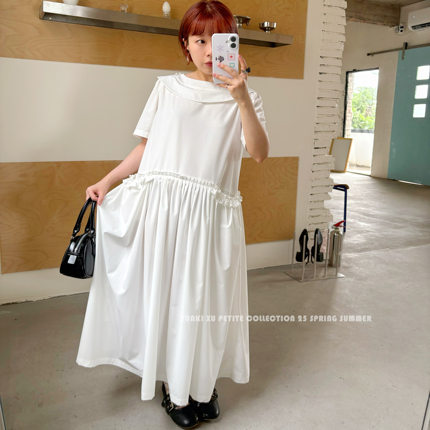 「PETITE线」YUNKIXU原创甜美日系小个子压褶宽松白色短袖连衣裙