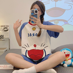 夏季纯棉睡衣女哆啦A梦卡通薄款大码胖mm200斤宽松夏天家居服套装