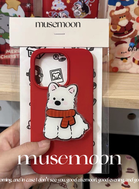 2024|MUSEMOON 可爱西高地狗狗支架真液态硅胶手机壳新年车厘子红色适用iphone16/15promax苹果13/14软糯防摔