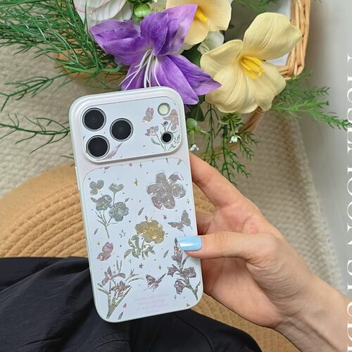 MUSEMOON｜闪粉花花贝壳 韩系少女感ins闪粉蝴蝶百合花纹银色手机壳适用苹果17promax华为P90mate80/小米17硬