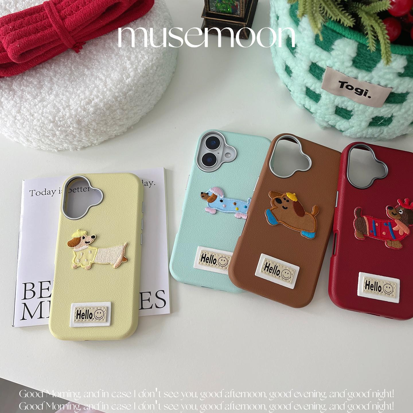 MUSEMOON 小众ins立体刺绣可爱腊肠狗狗皮质包防摔手机壳适用华为pura70pro苹果16/15promax1413高级复古皮纹