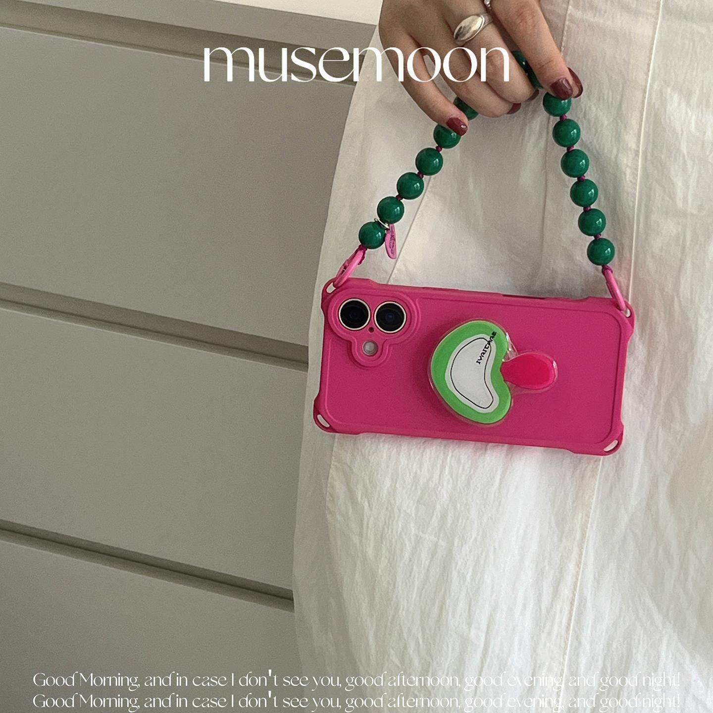 MUSEMOON自制|韩ins可爱蘑菇支架玫粉色挂绳手机壳小众四角手提串珠适用16/15Promax华为mate60pro/p70小米15