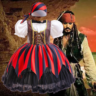 女童新款加勒比海盗服装万圣节cos海盗船长表演服女孩蓬蓬连衣裙