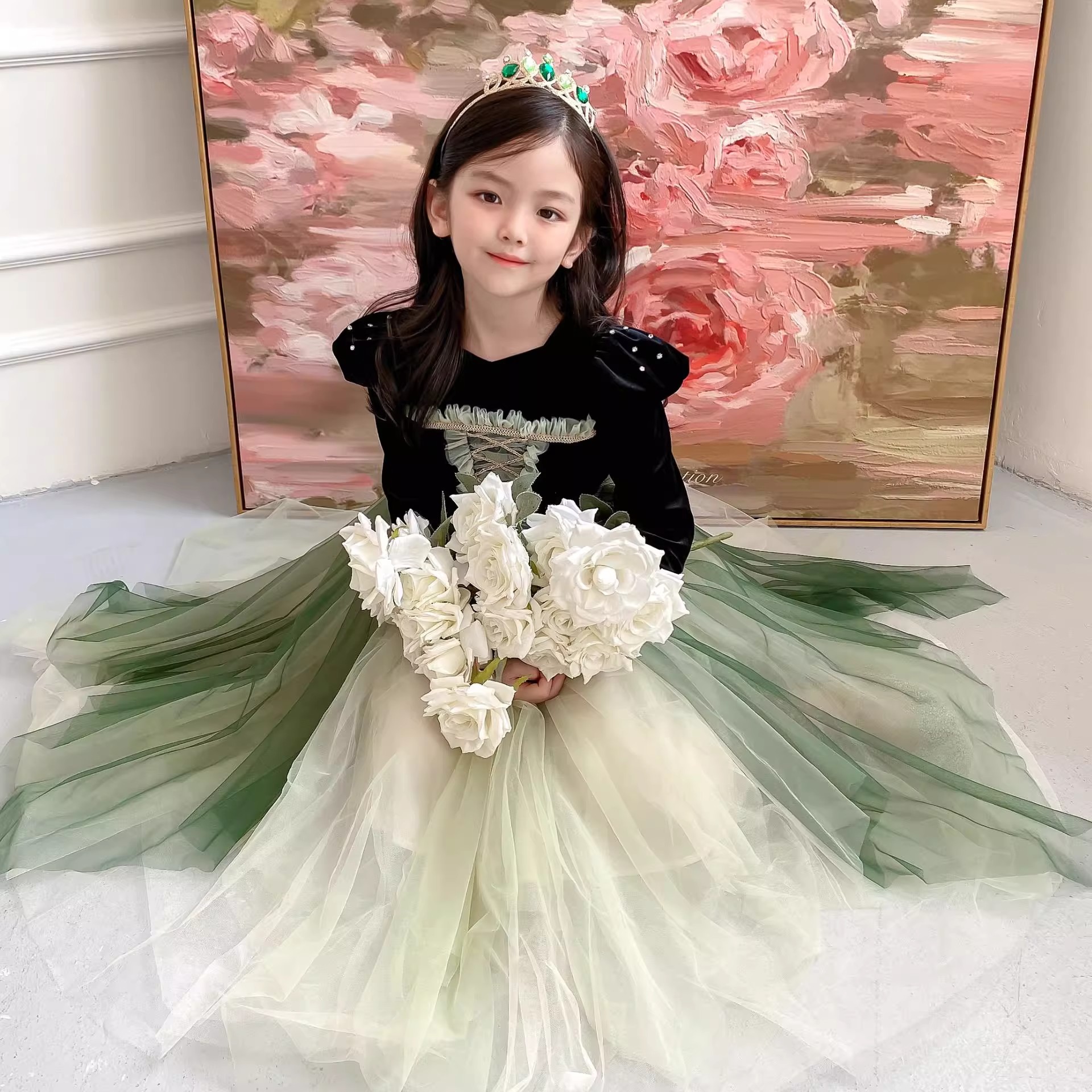 安娜公主裙女童秋冬丝绒网纱裙