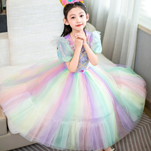 新款女童独角兽彩虹公主裙春夏流光渐变泡泡袖蓬蓬宝石礼服连衣裙