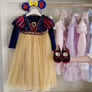 女童连衣裙秋季新款长袖公主裙白雪公主丝绒儿童礼服裙生日演出服