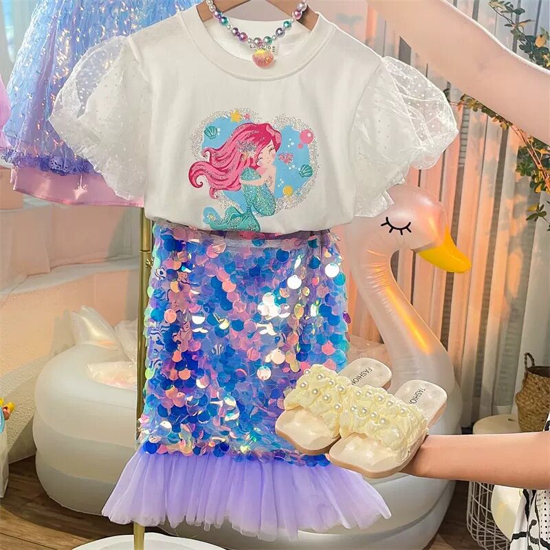 美人鱼公主裙女童套装儿童连衣裙生日礼服短袖T恤亮片鱼尾半身裙