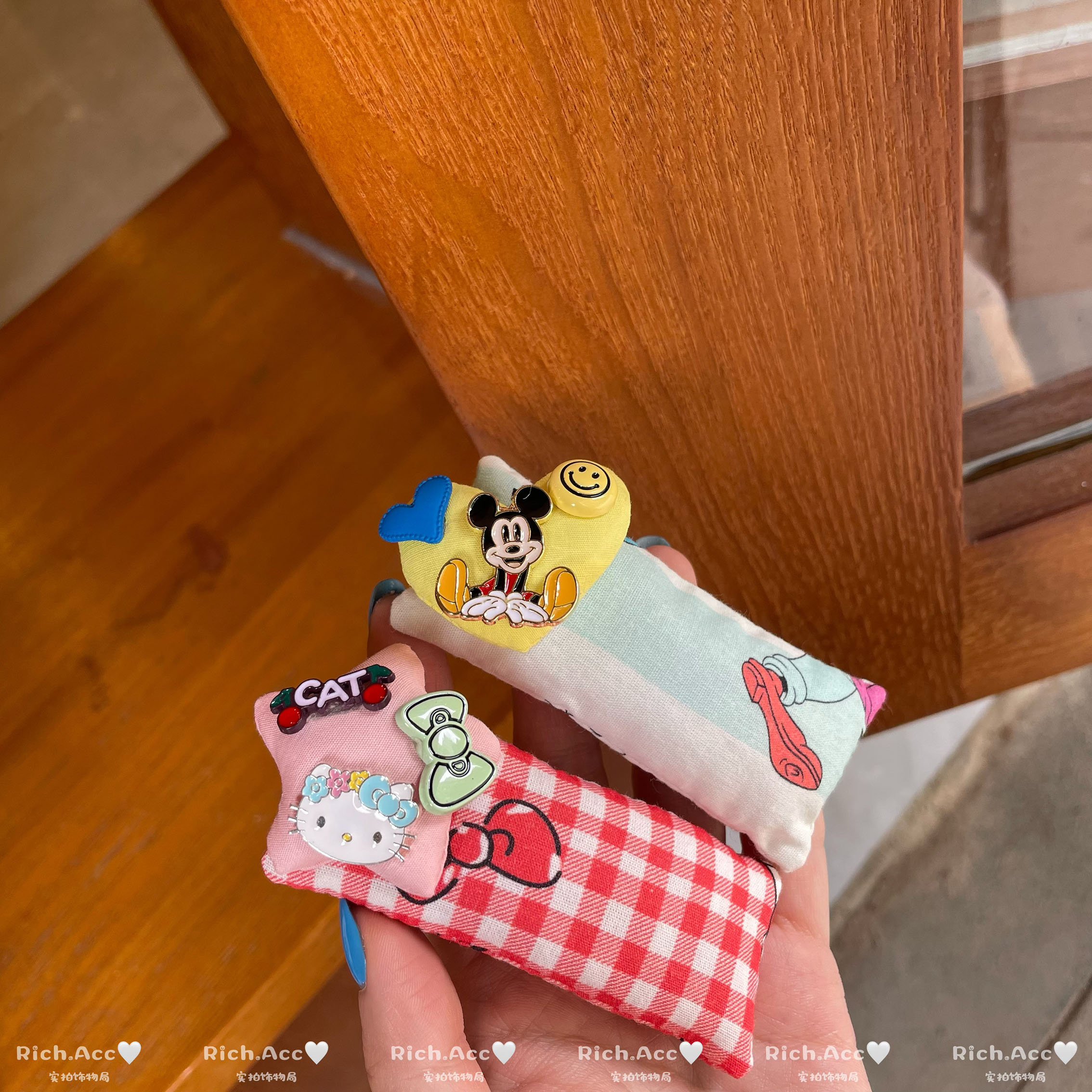 【实拍】自制小众充棉五角星爱心KT老鼠发夹洋气时髦格子布艺发饰