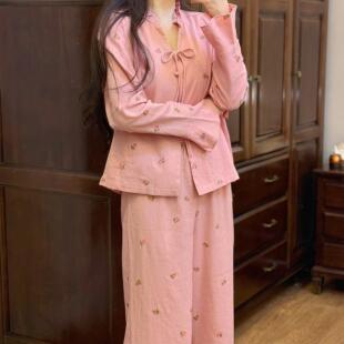 乐几言睡衣女春秋2026新款花苞领亚麻棉粉色长袖高级感家居服套装