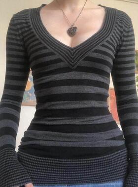 Y2K Grunge Emo 00s Vintage T Shirt Black Grey Striped V Neck