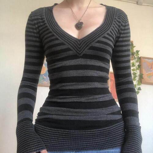 Y2K Grunge Emo 00s Vintage T Shirt Black Grey Striped V Neck